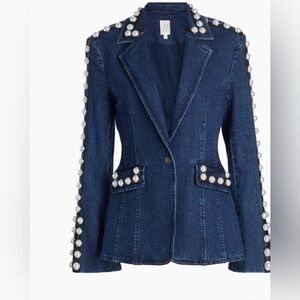 NWT Cinq à Sept Milly Imitation Pearl Embellishment Denim Blazer